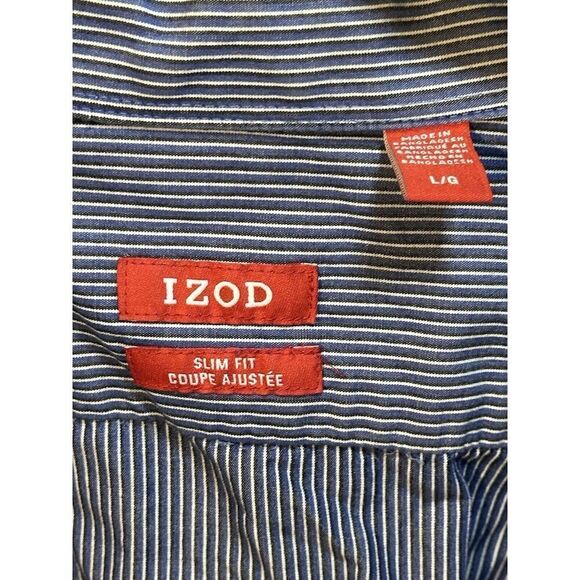 IZOD Navy Stripe Button Down Shirt Men's Large Slim Fit 100% Cotton - Picture 2 of 6